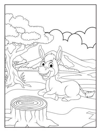 Smiling donkey beside tree stump