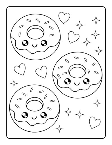 Three happy donuts with hearts
